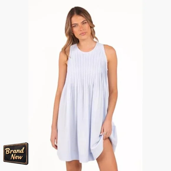 Mini Dress with Round Neck, Back Button, Front Tuck Detail